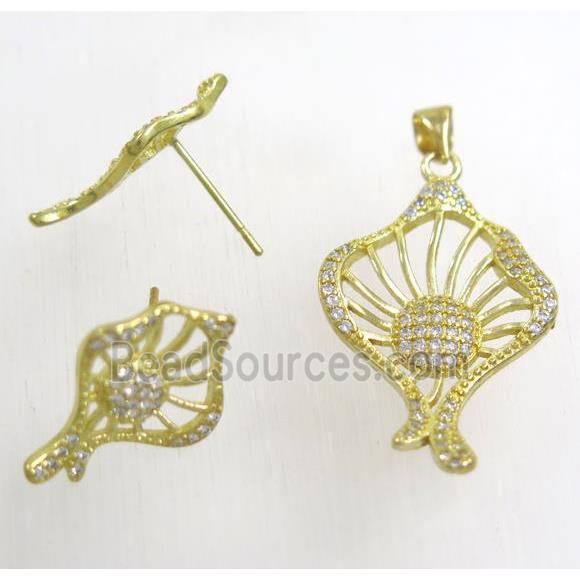 Raw Brass pendant and earring studs paved zircon