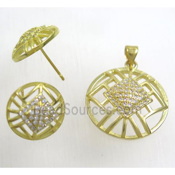 Raw Brass pendant and earring studs paved zircon