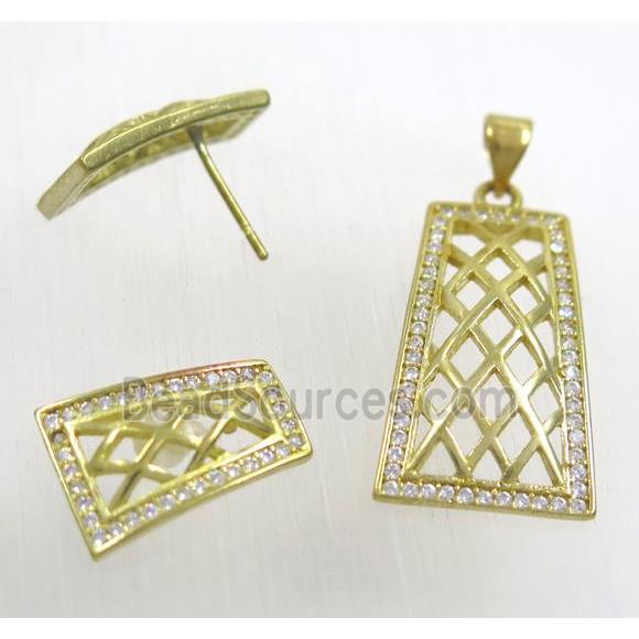 Raw Brass pendant and earring studs paved zircon