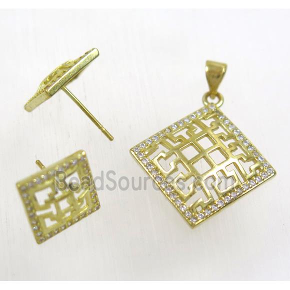 Raw Brass pendant and earring studs paved zircon