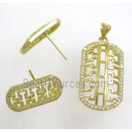 Raw Brass pendant and earring studs paved zircon