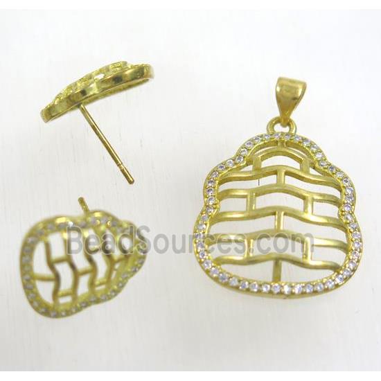 Raw Brass pendant and earring studs paved zircon