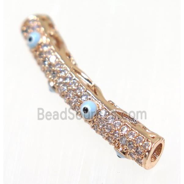 copper tube beads paved zircon with evil eye, rose gold