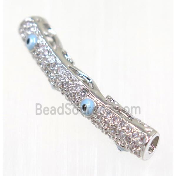 copper tube beads paved zircon with evil eye, platinum plated