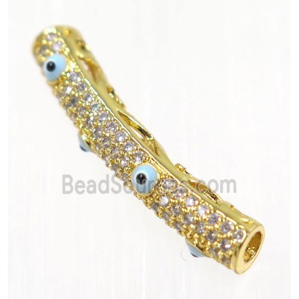 copper tube beads paved zircon with evil eye, gold plated