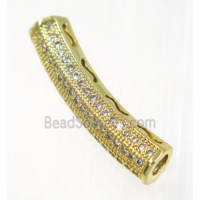 copper curving tube beads paved zircon, gold plated