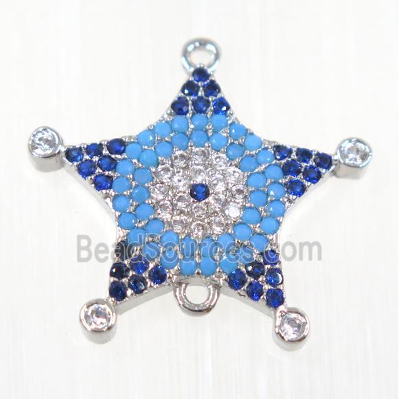 copper Star connector paved zircon, platinum plated, turq