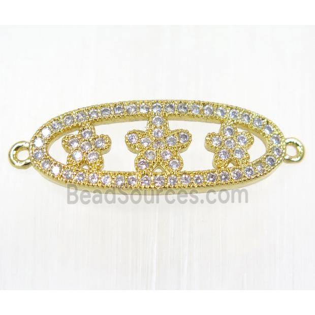 copper oval connector paved zircon with flower, gold plated