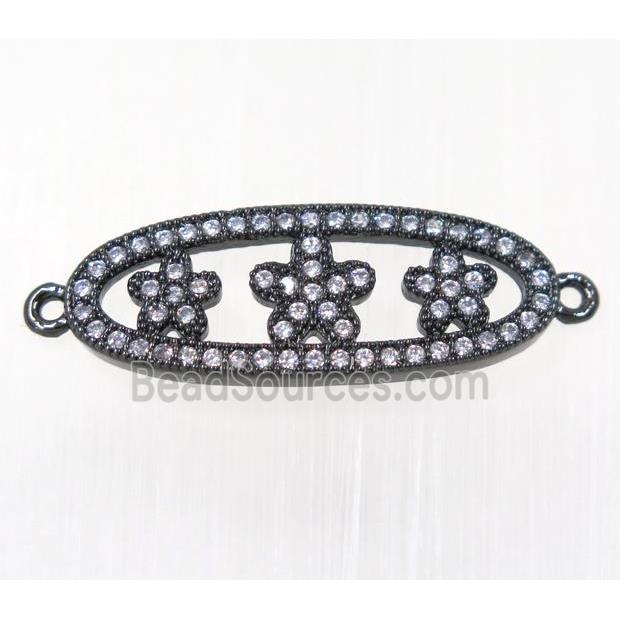 copper oval connector paved zircon with flower, black plated