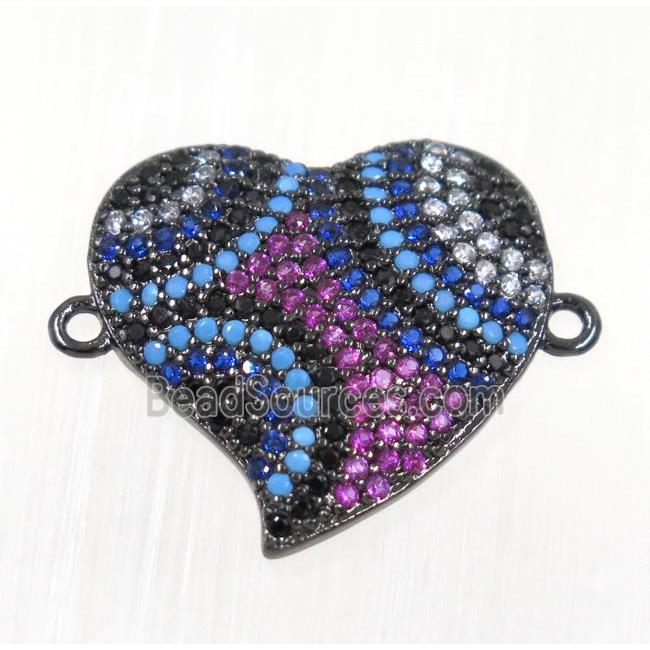 copper Heart connector paved zircon, black plated, multi-color