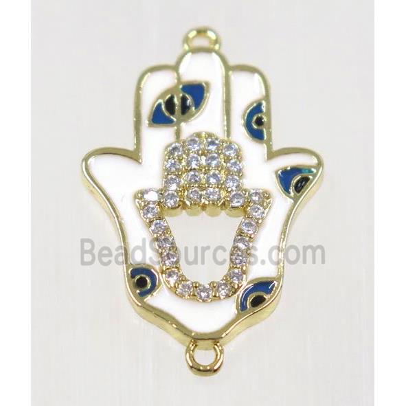 copper Hamsahand connector paved zircon with evil eye, gold plated