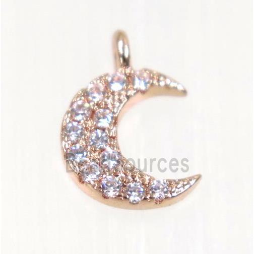 copper Crescent moon pendant paved zircon, rose gold