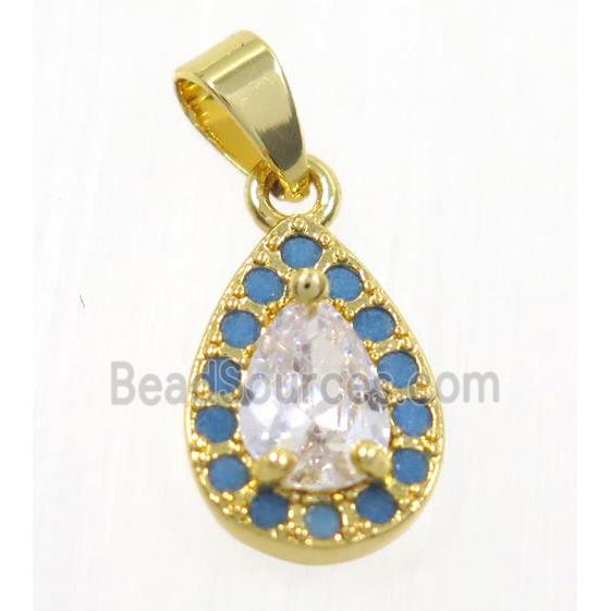 copper Teardrop pendant paved zircon, gold plated