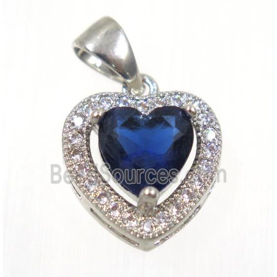 copper Heart pendant paved blue zircon, platinum plated