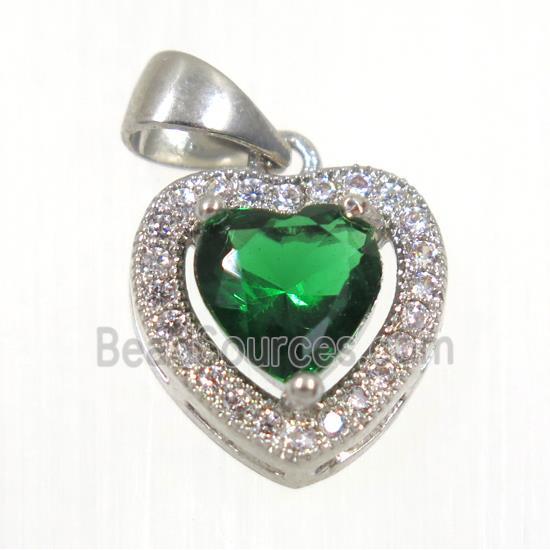 copper Heart pendant paved green zircon, platinum plated