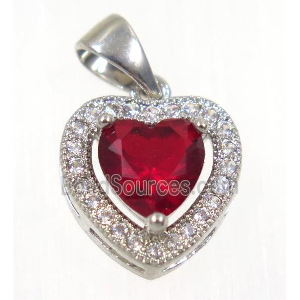 copper Heart pendant paved red zircon, platinum plated