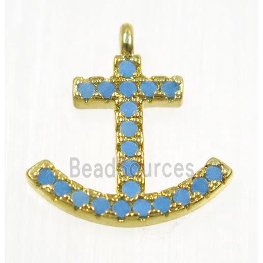 copper Anchor pendant paved zircon, gold plated