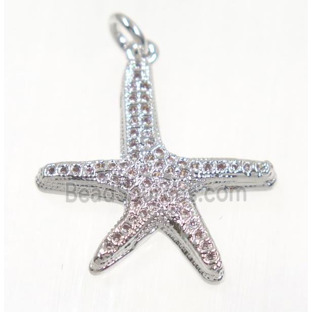 copper Starfish pendant paved zircon, platinum plated