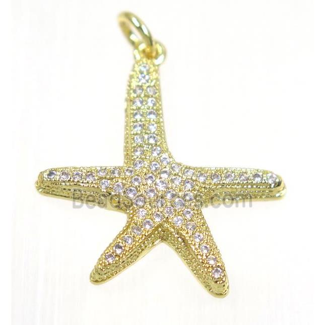 copper Starfish pendant paved zircon, gold plated