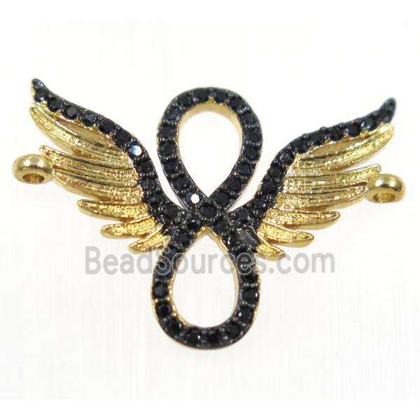 copper angel wing pendant paved zircon with 2loops, gold plated