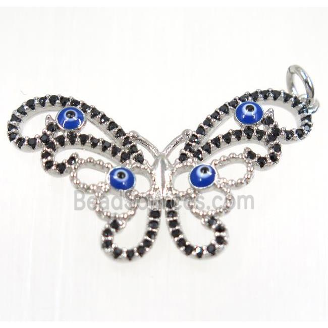 copper butterfly pendant paved zircon with evil eye, platinum plated