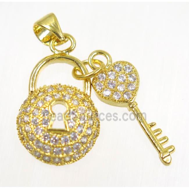 copper lock-key pendant paved zircon, gold plated