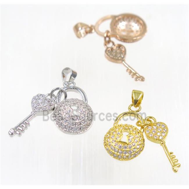 copper lock-key charm pendant paved zircon, mix color