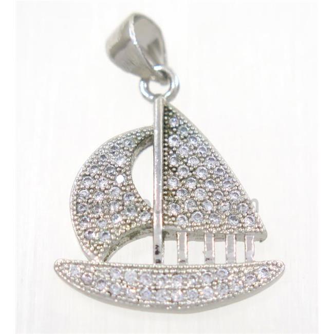 copper Sailing Boat pendant paved zircon, platinum plated