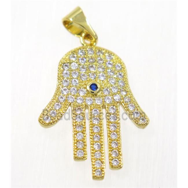 copper Hamsahand pendant paved zircon, gold plated