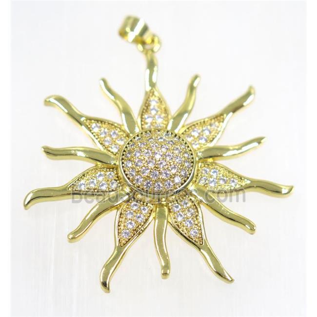 copper SunFlower pendant paved zircon, gold plated