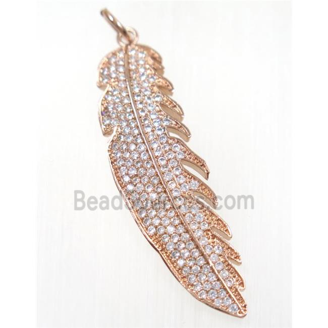 copper Feather pendant paved zircon, rose gold