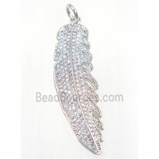 copper Feather pendant paved zircon, platinum plated