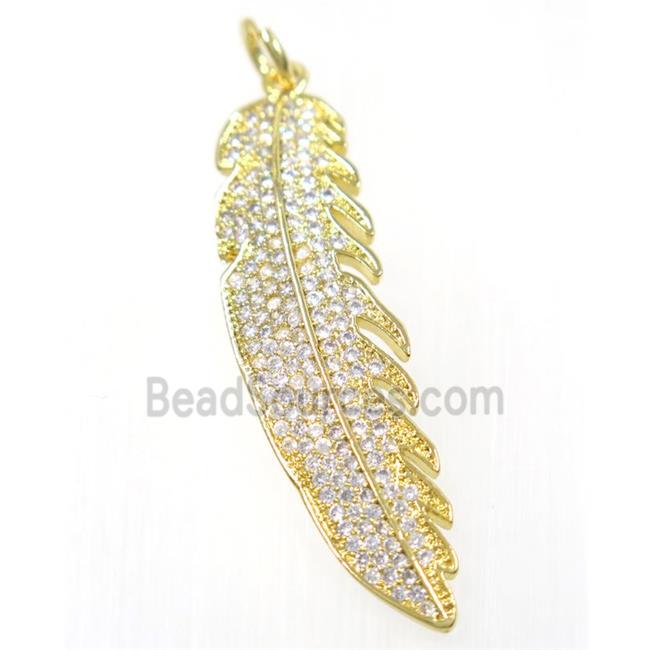 copper Feather pendant paved zircon, gold plated