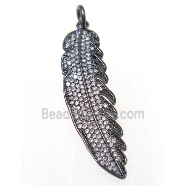 copper Feather pendant paved zircon, black plated