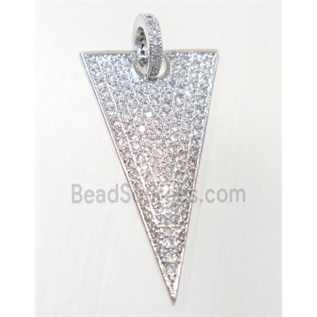 copper Triangle pendant paved zircon, platinum plated