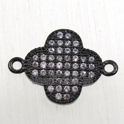 copper connector paved zircon, four-leaf Clover, black plated