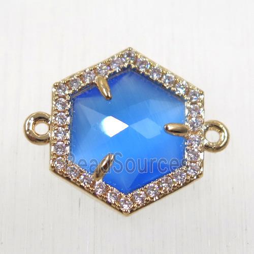 blue crystal glass hexagon connector paved zircon, gold plated