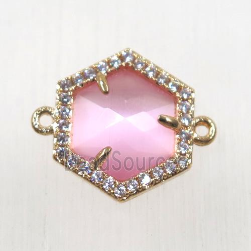 pink crystal glass hexagon connector paved zircon, gold plated