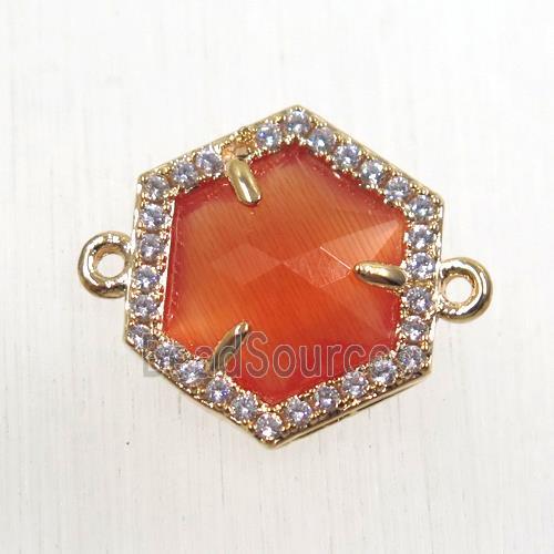 orange crystal glass hexagon connector paved zircon, gold plated