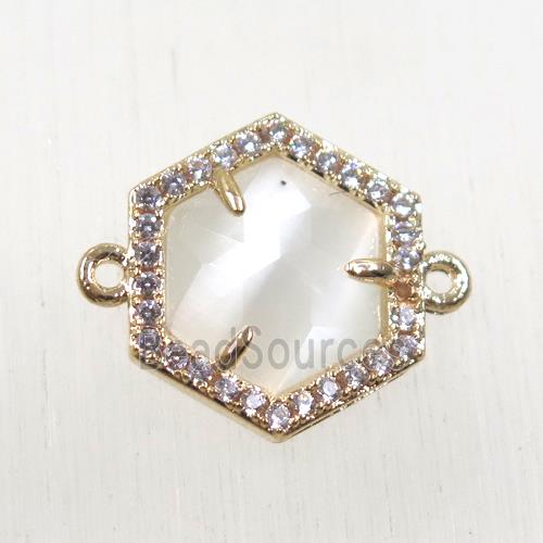 white crystal glass hexagon connector paved zircon, gold plated