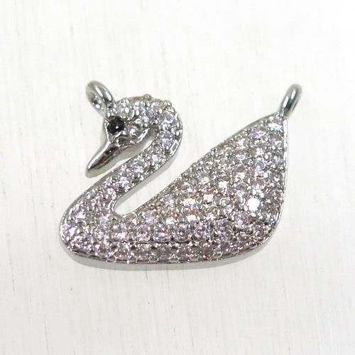 copper swan pendant paved zircon with 2loops, platinum plated