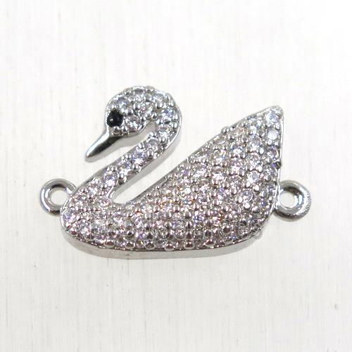 copper swan connector paved zircon, platinum plated