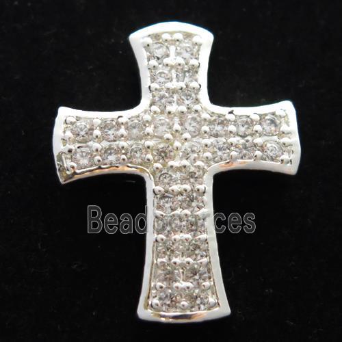 copper cross beads pave zircon, silver plated