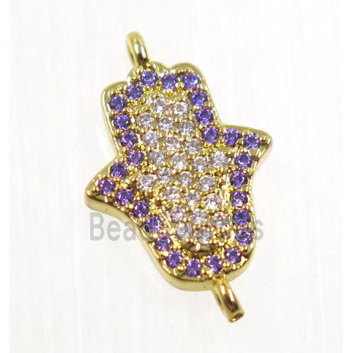 copper hamsahand connector pave zircon, gold plated