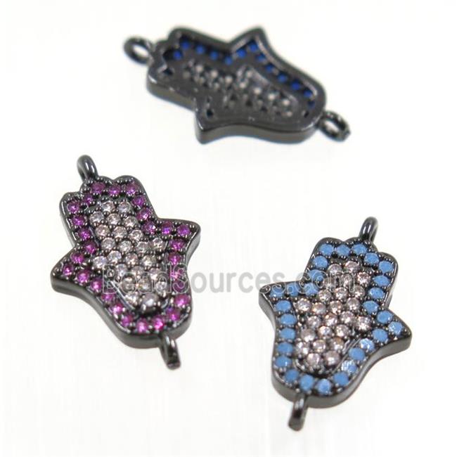 copper hamsahand connector pave zircon, black plated, mix