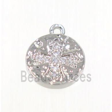 copper button cross pendant pave zircon, platinum plated