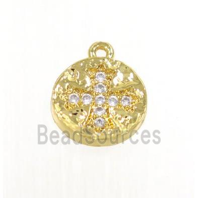 copper button cross pendant pave zircon, gold plated