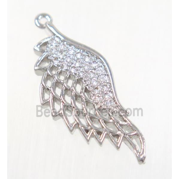 copper angel wing pendant pave zircon, platinum plated