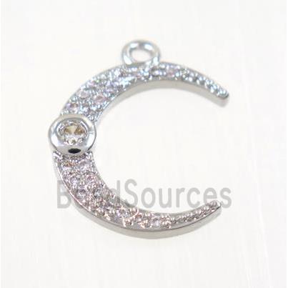 copper crescent moon pendant pave zircon, platinum plated