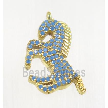 copper seahorse pendant pave zircon, gold plated, turq